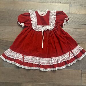 VTG 80s Velvet Bib Holiday Dress Sz 6X Red White Lace Rosette Puff Sleeve Santa